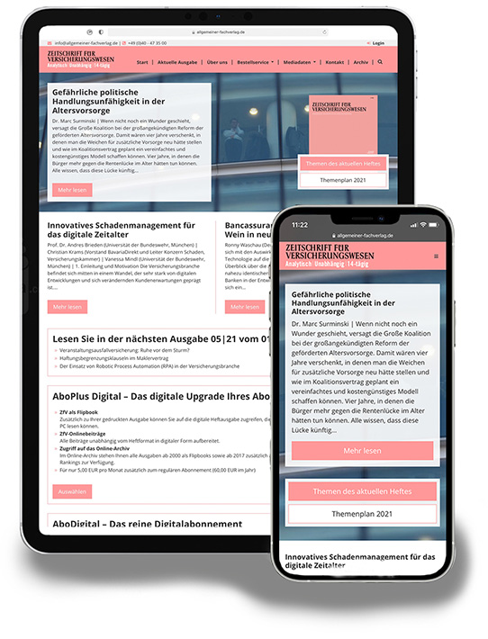 Darstellung der ZfV Website auf einem Tablet und Handy