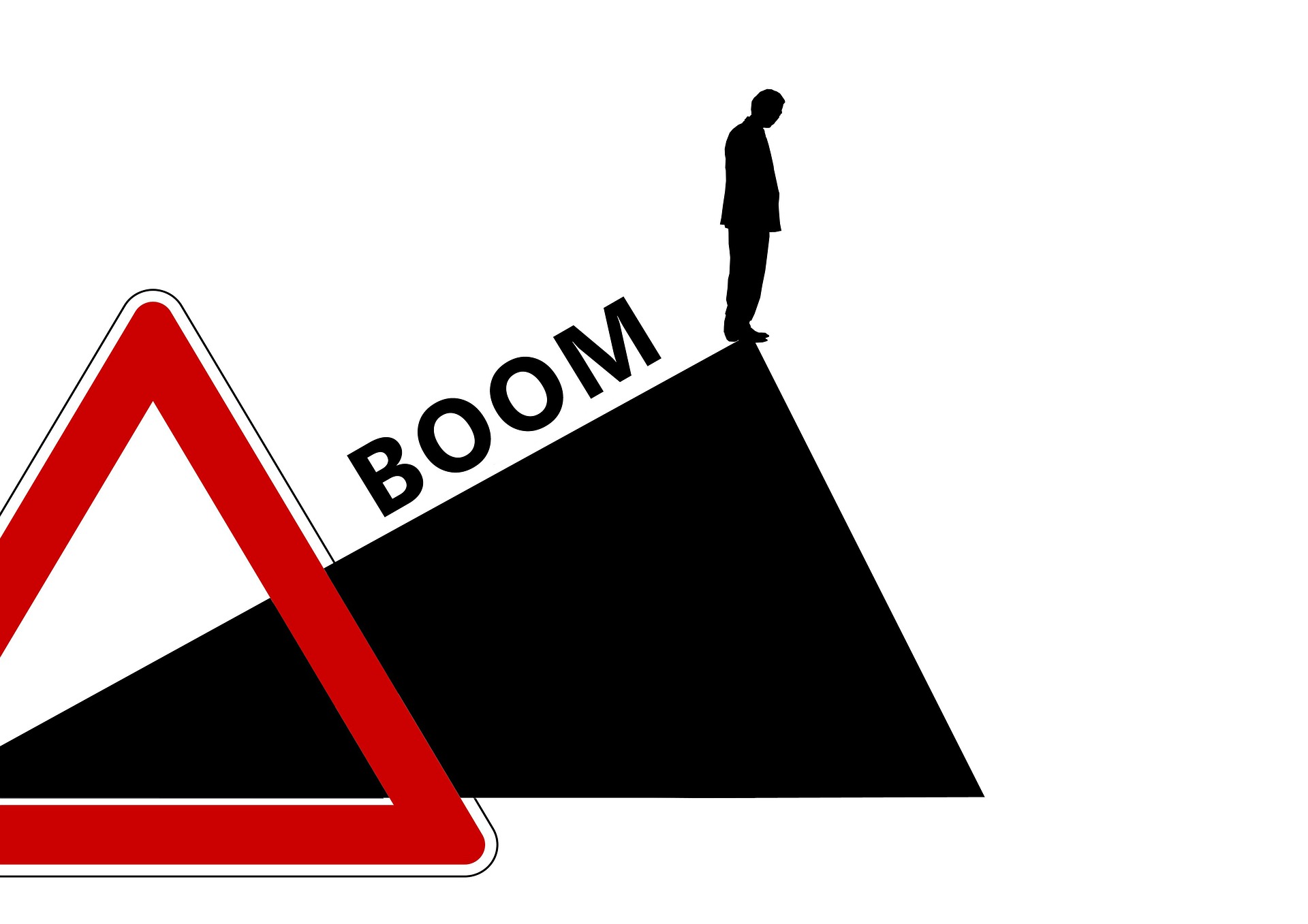 Abwandlung eines Straßenschilds, auf dem ein Mann am höchsten Punkt der Steigung steht und nach unten guckt
