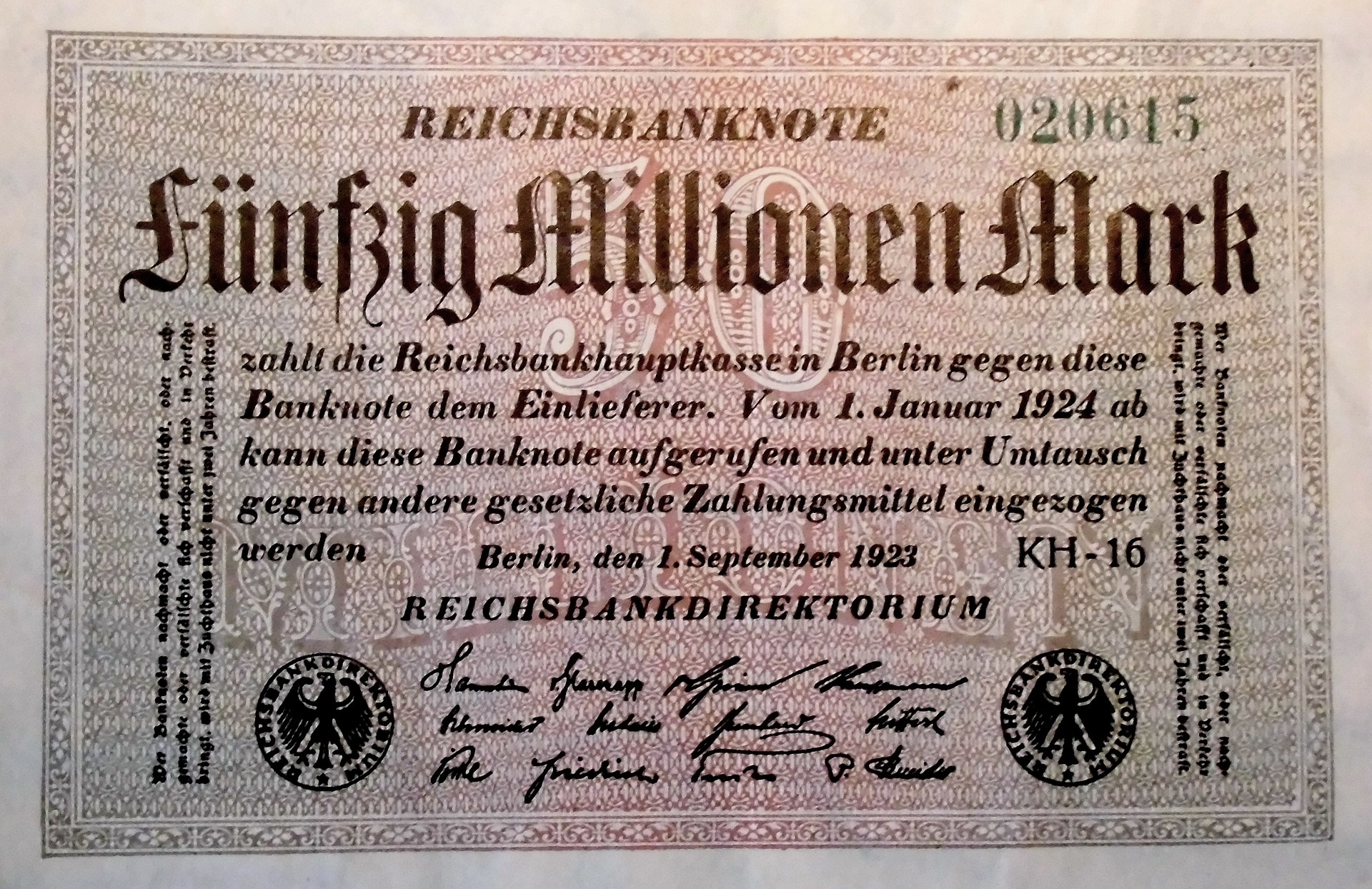 Eine Reichsbanknote mit 50-Millionen Mark