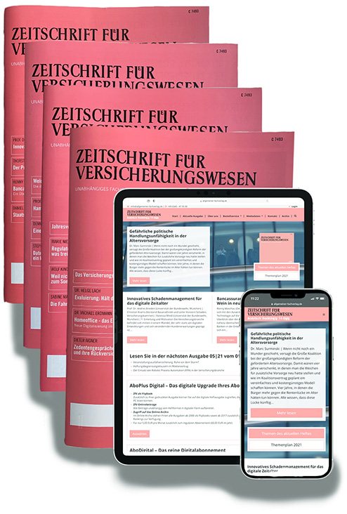 4 Hefte der Zvf, sowie Darstellung der ZfV-Webseite auf einem Tablet und Handy
